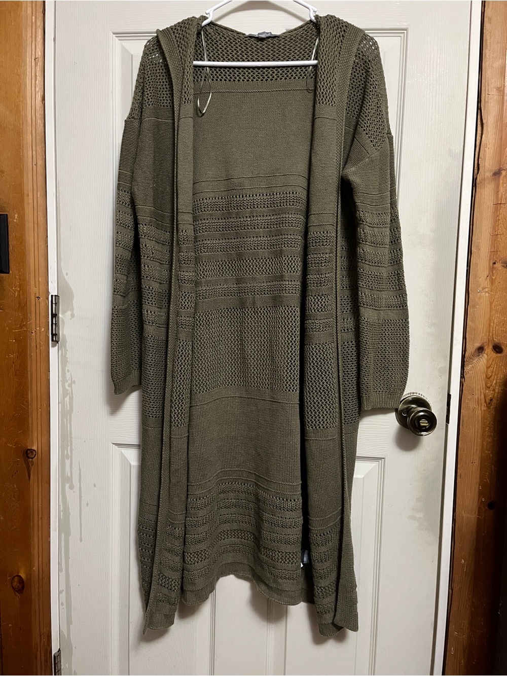 Marled by Reunited Clothing Long Open-Front Hooded Knit Cardigan - Olive Green